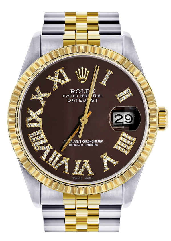 Mens Rolex Datejust Watch 16233 Two Tone | Fluted Bezel | 36Mm | Chocolate Roman Dial | Jubilee Band