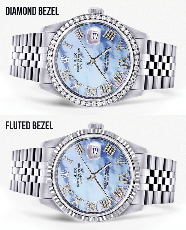 Diamond Mens Rolex Datejust Watch 16200 | 36Mm | Blue Mother Of Pearl Roman Numeral Dial | Jubilee Band