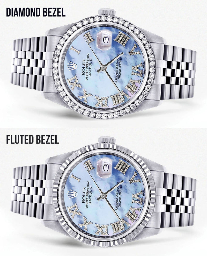 Diamond Mens Rolex Datejust Watch 16200 | 36Mm | Blue Mother Of Pearl Roman Numeral Dial | Jubilee Band