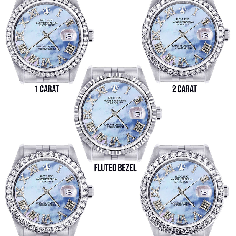 Diamond Mens Rolex Datejust Watch 16200 | 36Mm | Blue Mother Of Pearl Roman Numeral Dial | Jubilee Band