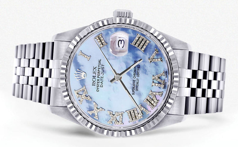 Mens Rolex Datejust Watch 16200 | Fluted Bezel | 36Mm | Mother of Pearl Roman Numeral Dial | Jubilee Band