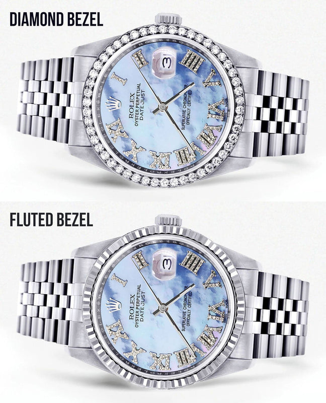 Diamond Mens Rolex Datejust Watch 16200 | 36Mm | Blue Mother Of Pearl Roman Numeral Dial | Jubilee Band