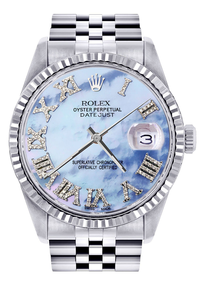 Mens Rolex Datejust Watch 16200 | Fluted Bezel | 36Mm | Mother of Pearl Roman Numeral Dial | Jubilee Band