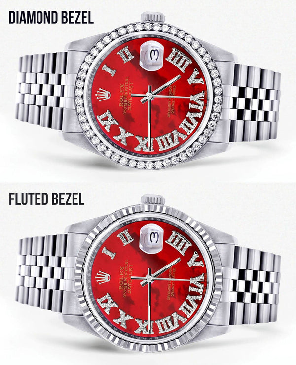 Diamond Mens Rolex Datejust Watch 16200 | 36Mm | Diamond Red Mother Of Pearl Roman Numeral Dial | Jubilee Band