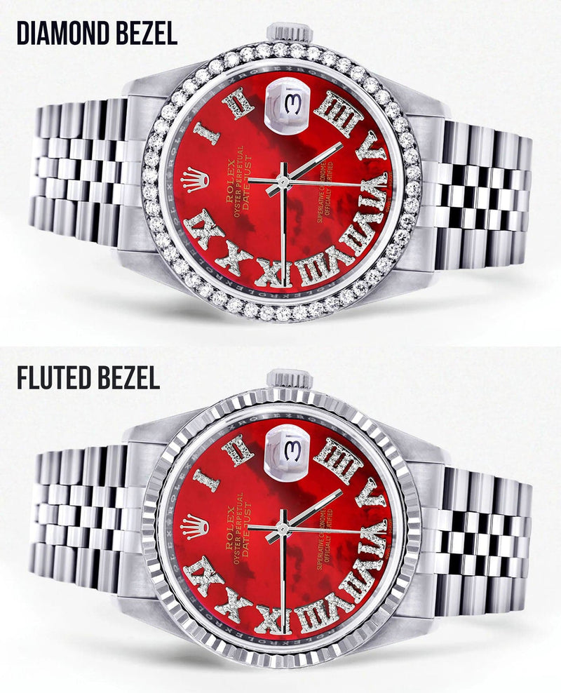 Diamond Mens Rolex Datejust Watch 16200 | 36Mm | Diamond Red Mother Of Pearl Roman Numeral Dial | Jubilee Band