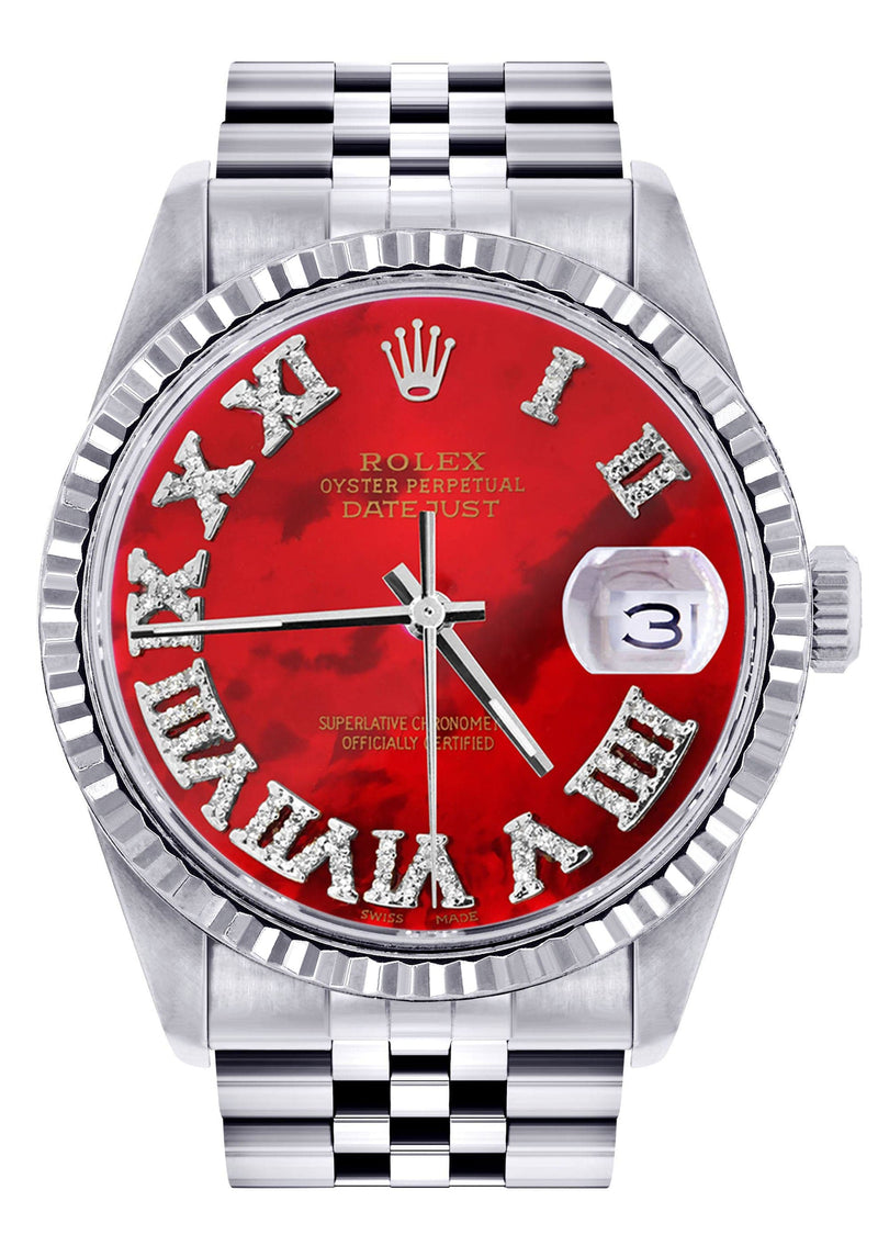 Mens Rolex Datejust Watch 16200 | Fluted Bezel | 36Mm | Red Mother of Pearl Roman Numeral Dial | Jubilee Band