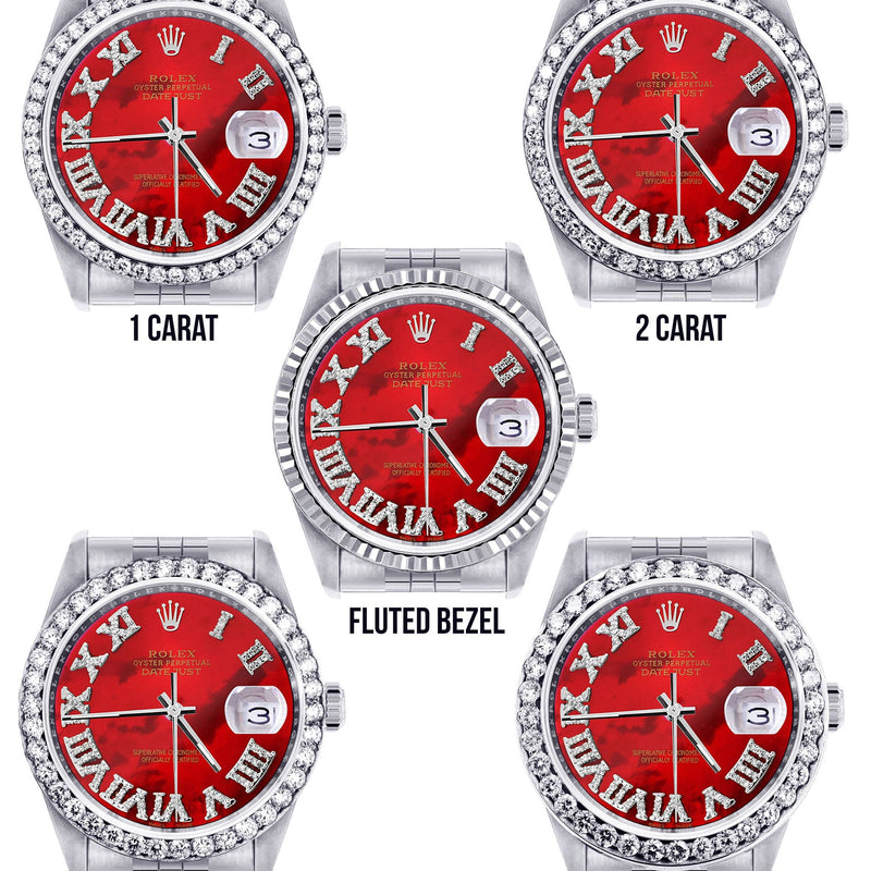 Diamond Mens Rolex Datejust Watch 16200 | 36Mm | Diamond Red Mother Of Pearl Roman Numeral Dial | Jubilee Band