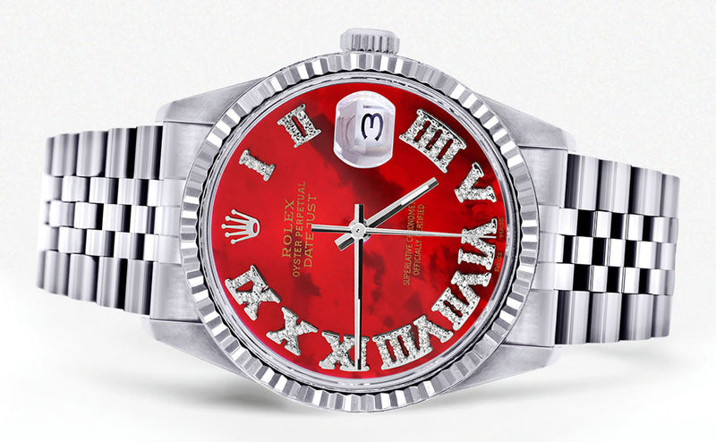 Womens Rolex Datejust Watch 16200  | 36Mm | Red Mother of Pearl Roman Numeral Dial | Fluted Bezel | Jubilee Band