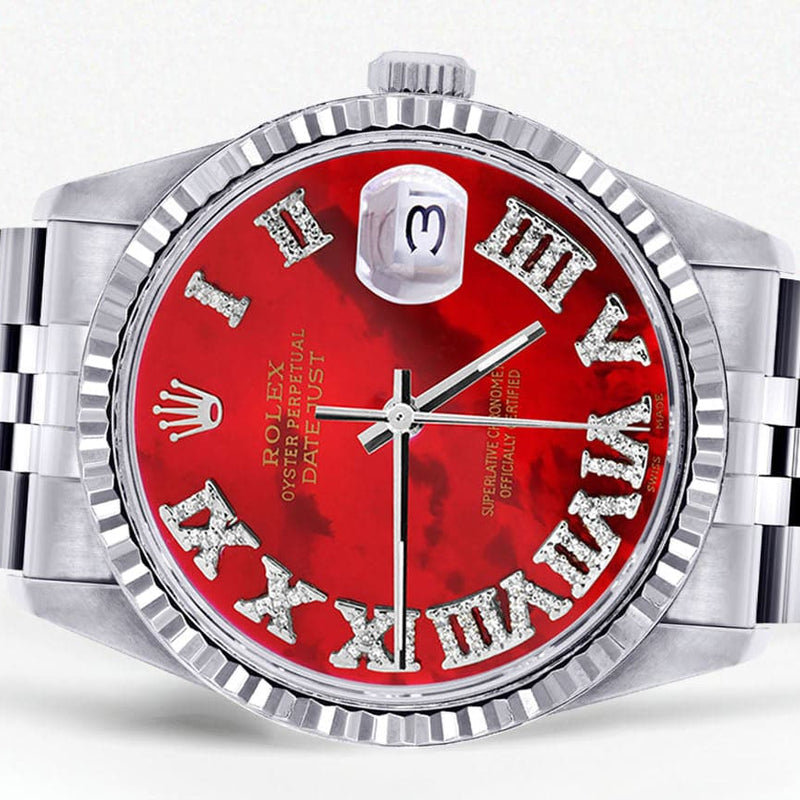 Mens Rolex Datejust Watch 16200 | Fluted Bezel | 36Mm | Red Mother of Pearl Roman Numeral Dial | Jubilee Band