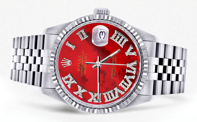 Mens Rolex Datejust Watch 16200 | Fluted Bezel | 36Mm | Red Mother of Pearl Roman Numeral Dial | Jubilee Band