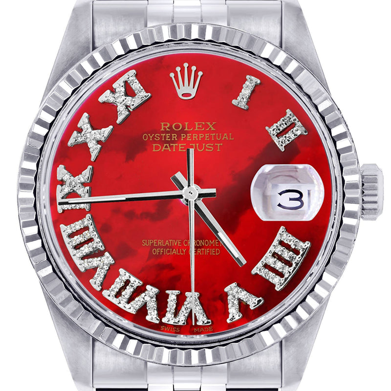 Womens Rolex Datejust Watch 16200  | 36Mm | Red Mother of Pearl Roman Numeral Dial | Fluted Bezel | Jubilee Band