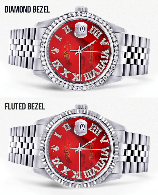 Diamond Mens Rolex Datejust Watch 16200 | 36Mm | Diamond Red Mother Of Pearl Roman Numeral Dial | Jubilee Band