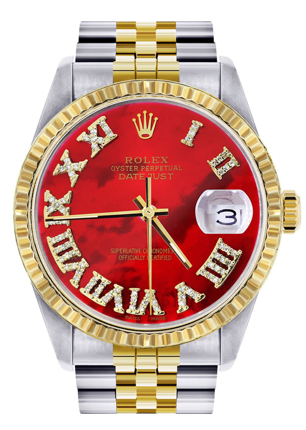 Mens Rolex Datejust Watch 16233 Two Tone | 36Mm | Red Mother of Pearl Roman Dial | Jubilee Band