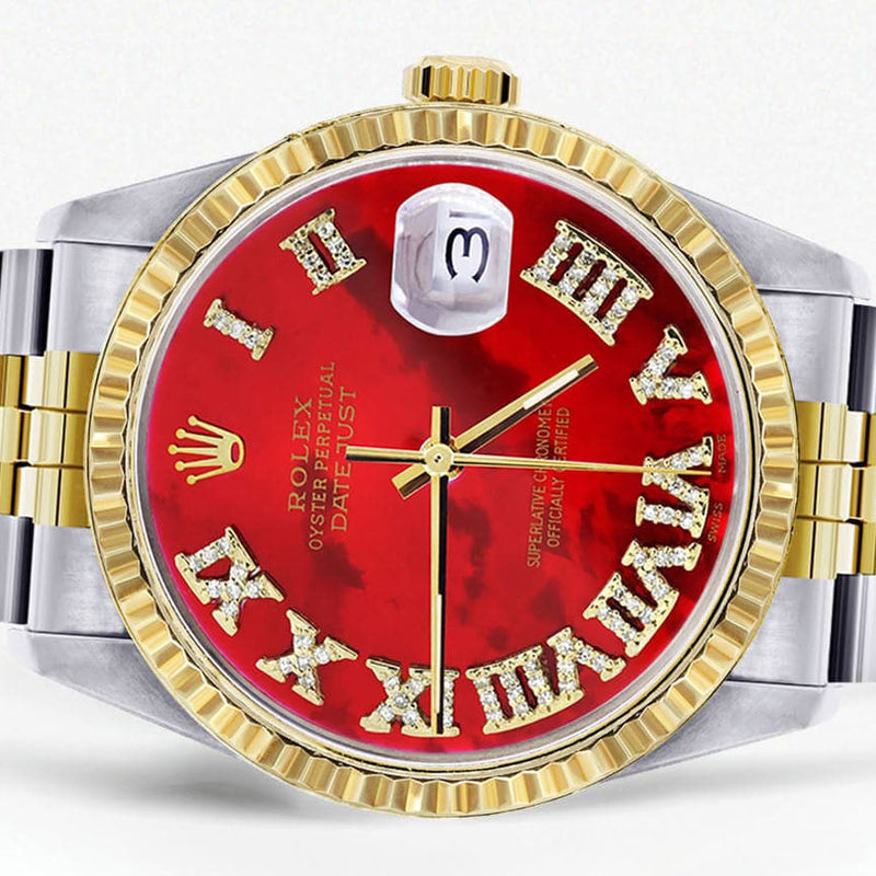 Mens Rolex Datejust Watch 16233 Two Tone | 36Mm | Red Mother of Pearl Roman Dial | Jubilee Band