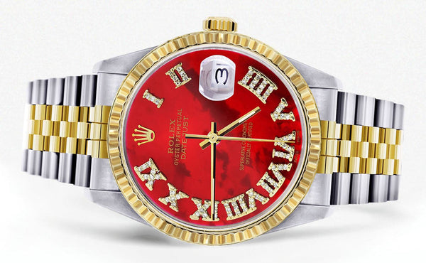 Mens Rolex Datejust Watch 16233 Two Tone | 36Mm | Red Mother of Pearl Roman Dial | Jubilee Band