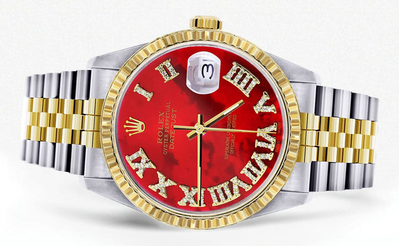 Mens Rolex Datejust Watch 16233 Two Tone | 36Mm | Red Mother of Pearl Roman Dial | Jubilee Band