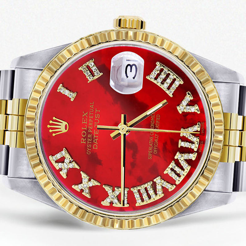 Womens Rolex Datejust Watch 16233 Two Tone | 36Mm | Red Mother of Pearl Roman Dial | Fluted Bezel | Jubilee Band
