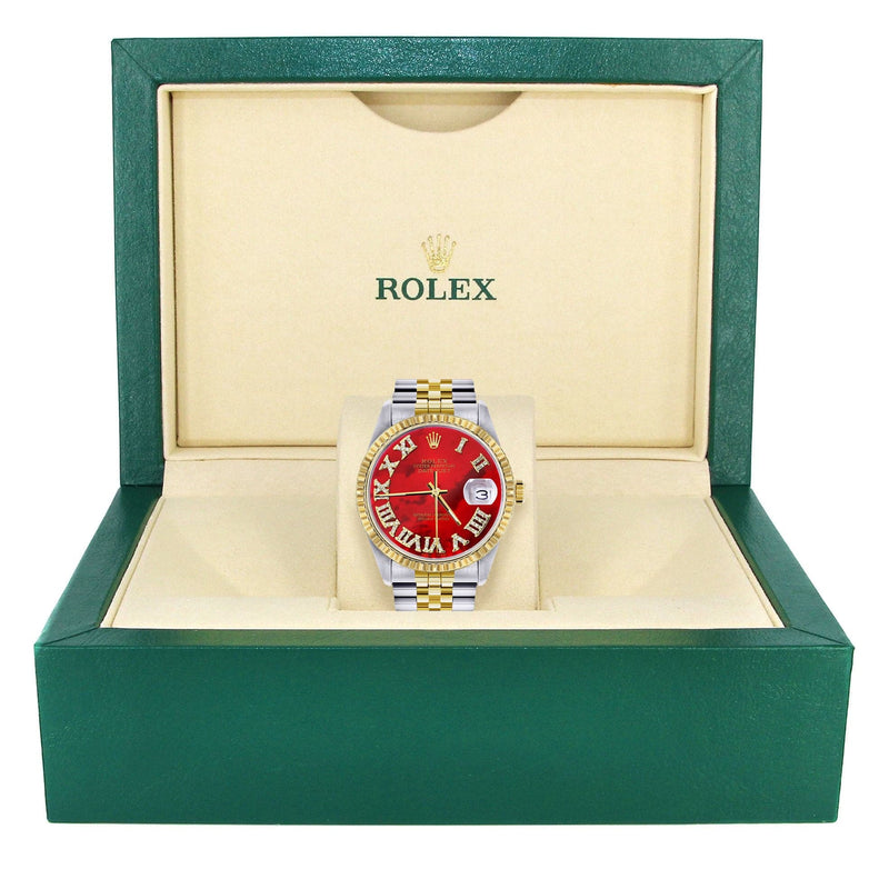 Mens Rolex Datejust Watch 16233 Two Tone | 36Mm | Red Mother of Pearl Roman Dial | Jubilee Band