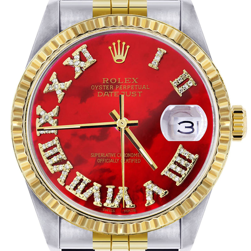 Womens Rolex Datejust Watch 16233 Two Tone | 36Mm | Red Mother of Pearl Roman Dial | Fluted Bezel | Jubilee Band