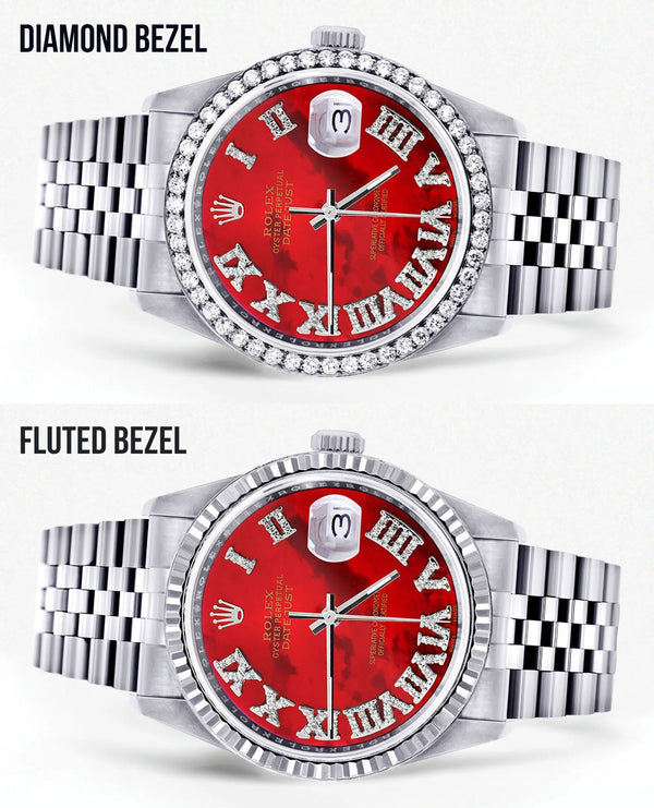 Womens Rolex Datejust Watch 16200 | 36Mm | Diamond Red Mother Of Pearl Roman Numeral Dial | Jubilee Band