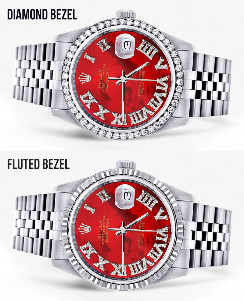 Womens Rolex Datejust Watch 16200 | 36Mm | Diamond Red Mother Of Pearl Roman Numeral Dial | Jubilee Band