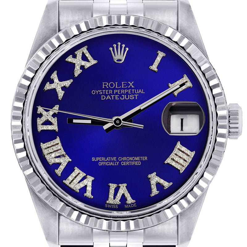 Mens Rolex Datejust Watch 16200 | Fluted Bezel | 36Mm | Blue Roman Numeral Dial | Jubilee Band