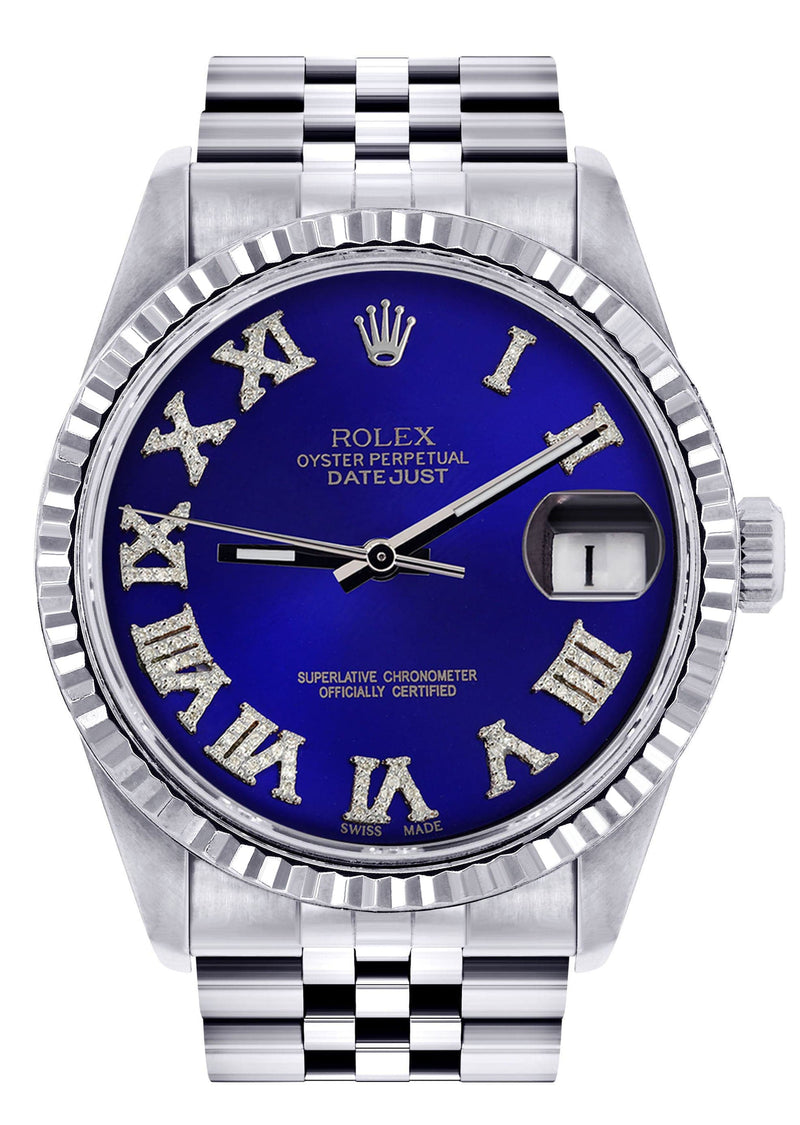 Mens Rolex Datejust Watch 16200 | Fluted Bezel | 36Mm | Blue Roman Numeral Dial | Jubilee Band