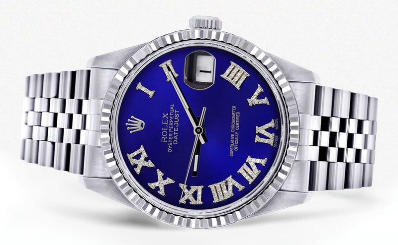 Mens Rolex Datejust Watch 16200 | Fluted Bezel | 36Mm | Blue Roman Numeral Dial | Jubilee Band