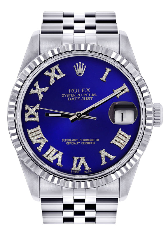 Mens Rolex Datejust Watch 16200 | Fluted Bezel | 36Mm | Blue Roman Numeral Dial | Jubilee Band