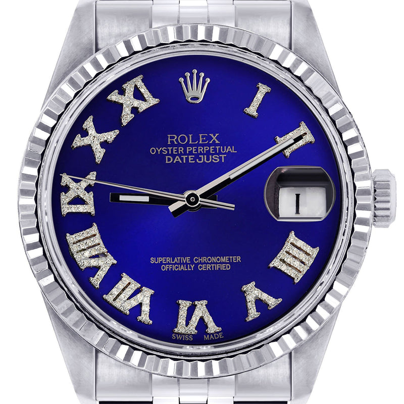 Womens Rolex Datejust Watch 16200 | Fluted Bezel | 36Mm | Blue Roman Numeral Dial | Fluted Bezel | Jubilee Band