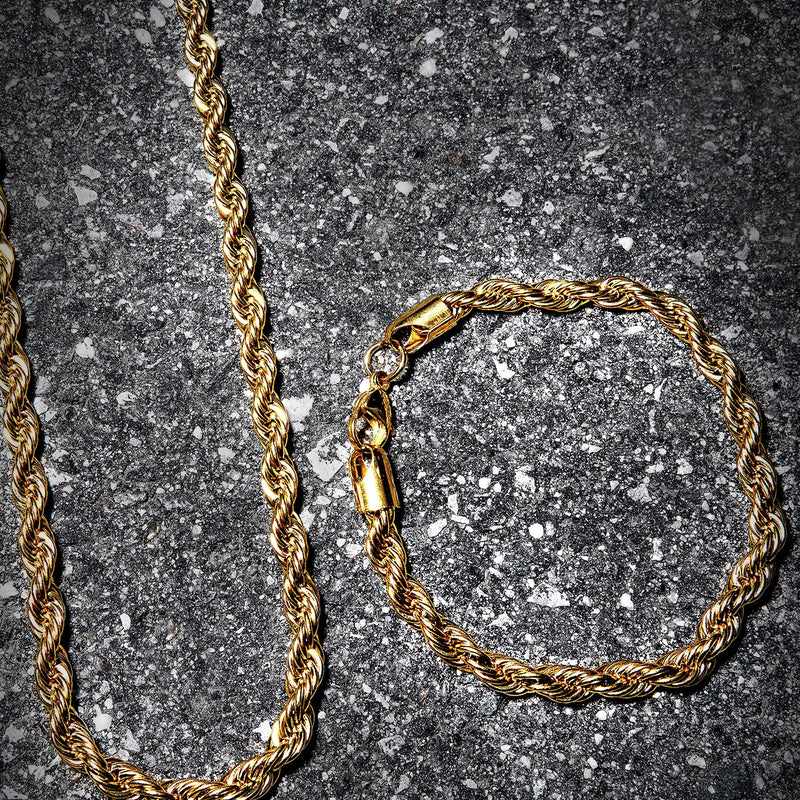 Solid Gold Plated Rope Chain & Bracelet ( 6 Mm )