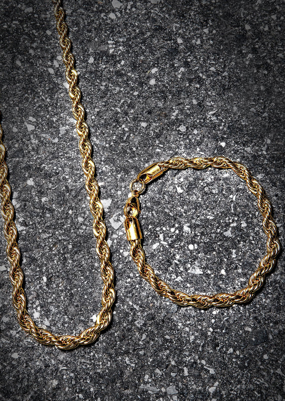 Solid Gold Plated Rope Chain & Bracelet ( 6 Mm )