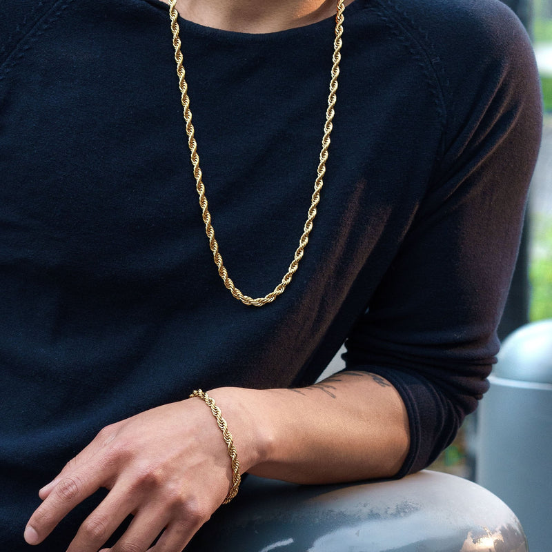 Solid Gold Plated Rope Chain & Bracelet ( 6 Mm )
