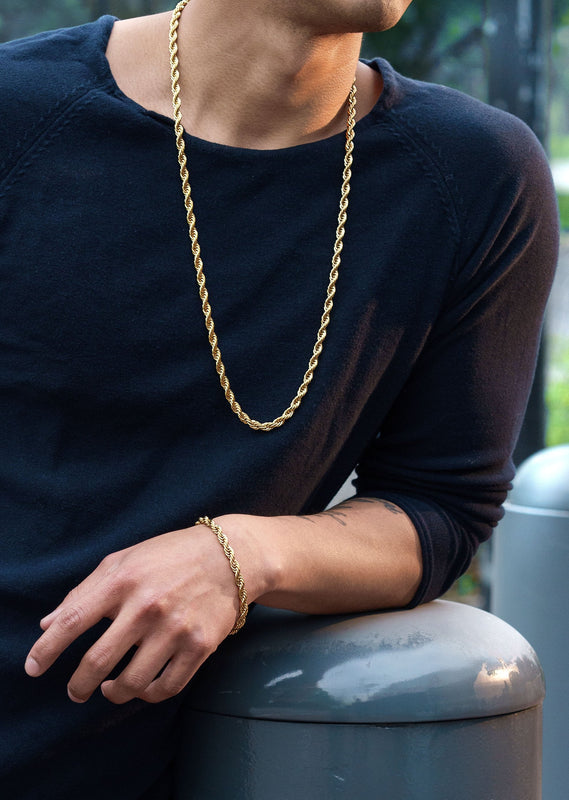 Solid Gold Plated Rope Chain & Bracelet ( 6 Mm )