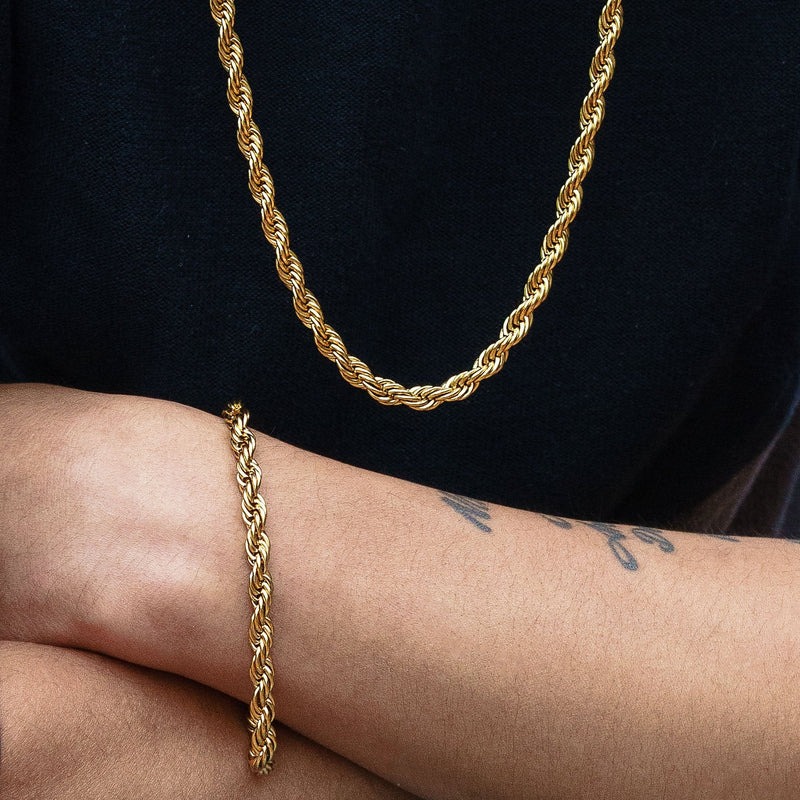 Solid Gold Plated Rope Chain & Bracelet ( 6 Mm )