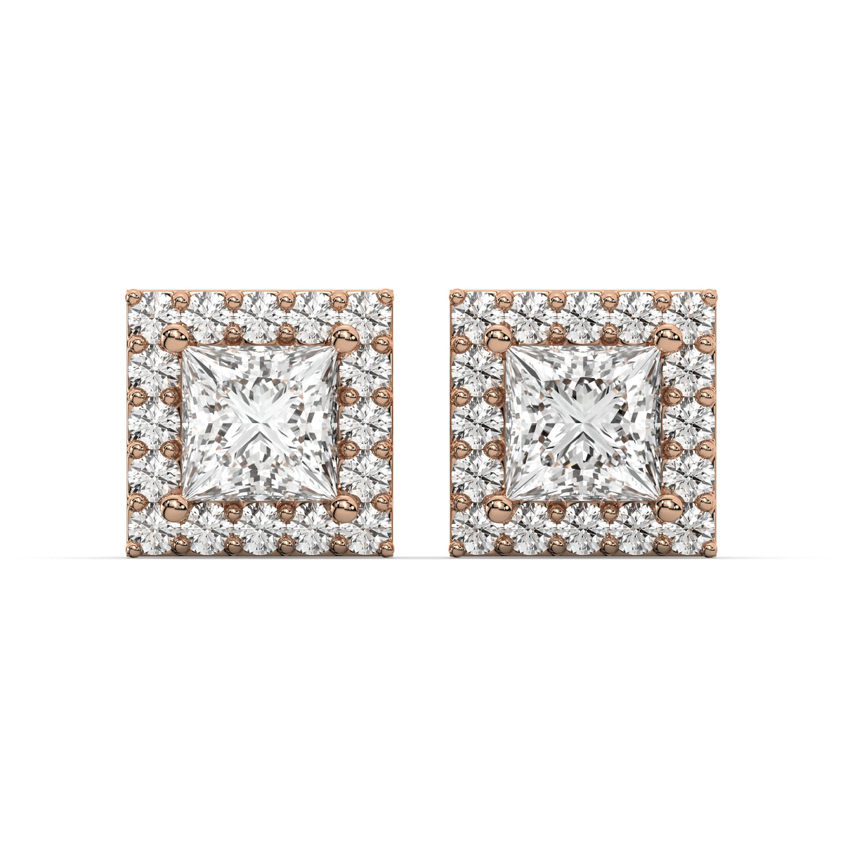 Men's Jewelry - VVS Lab Diamond Halo Princess Stud Earrings For Men | 14K Rose Gold