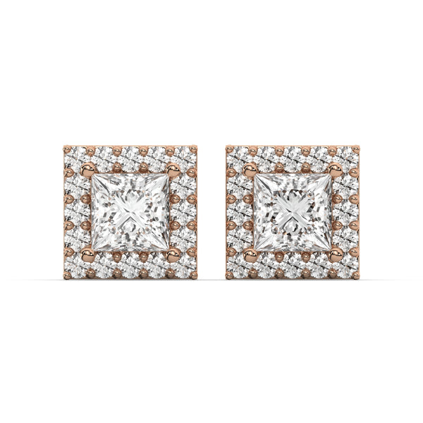 Men's Jewelry - VVS Lab Diamond Halo Princess Stud Earrings For Men | 14K Rose Gold