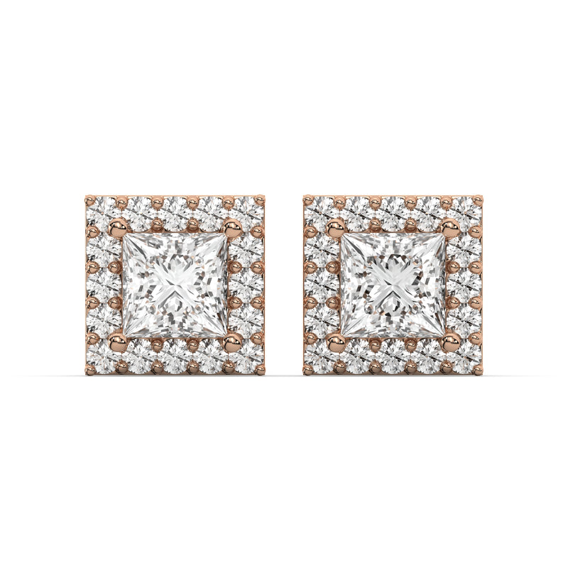 Men's Jewelry - VVS Lab Diamond Halo Princess Stud Earrings For Men | 14K Rose Gold