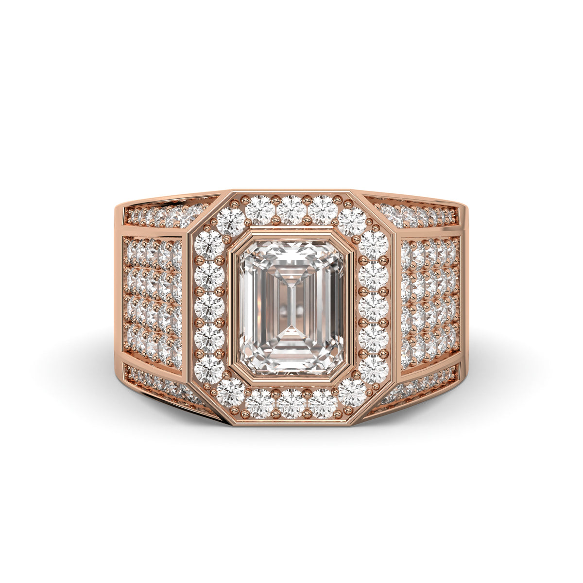 Men's Jewelry - Men's VVS Lab Diamond Ring | Emerald Cut and Round Halo | Rose Gold
