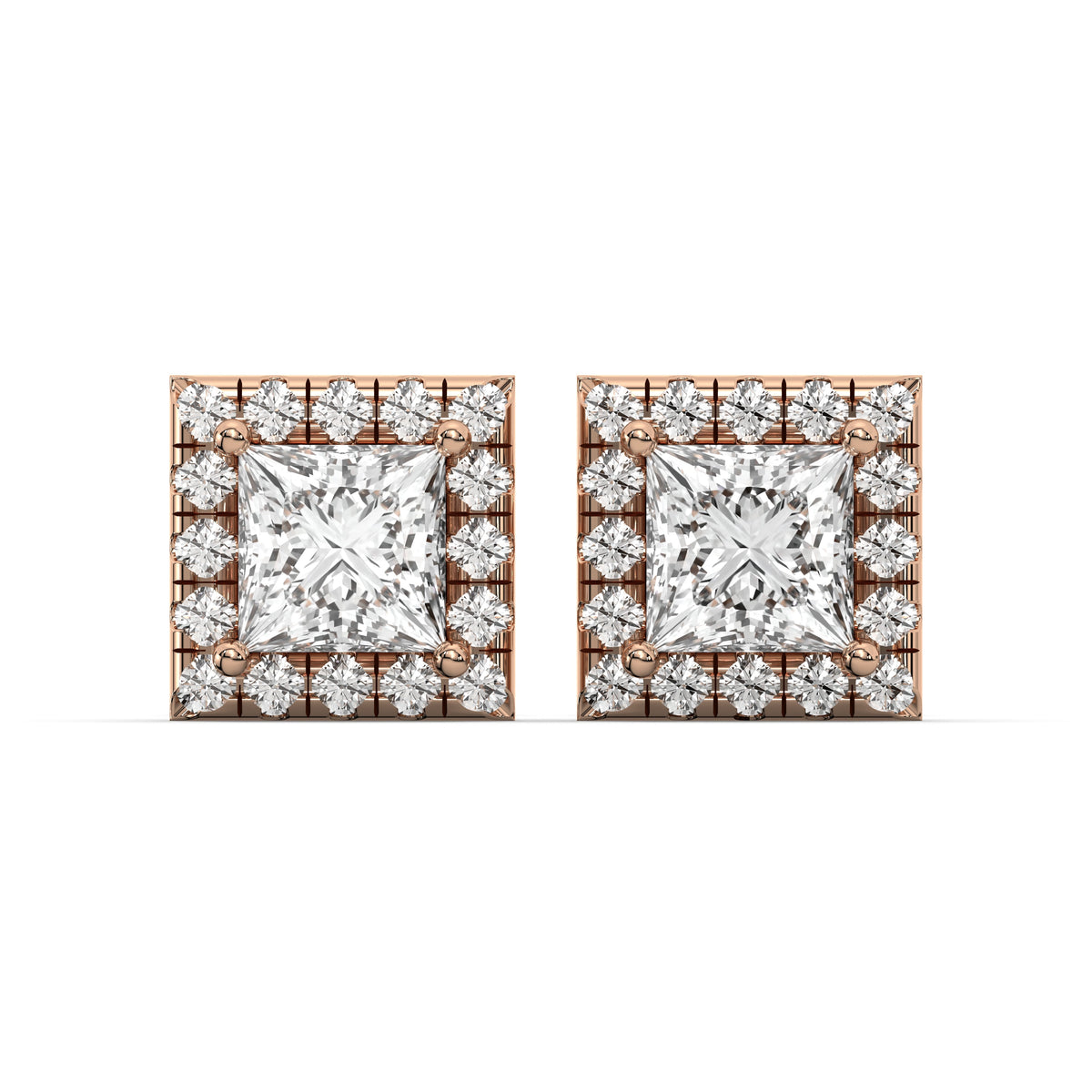 Men's Jewelry - VVS Lab Diamond Halo Princess Stud Earrings For Men | 14K Rose Gold