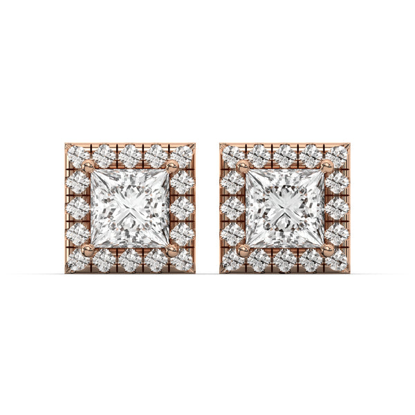 Men's Jewelry - VVS Lab Diamond Halo Princess Stud Earrings For Men | 14K Rose Gold