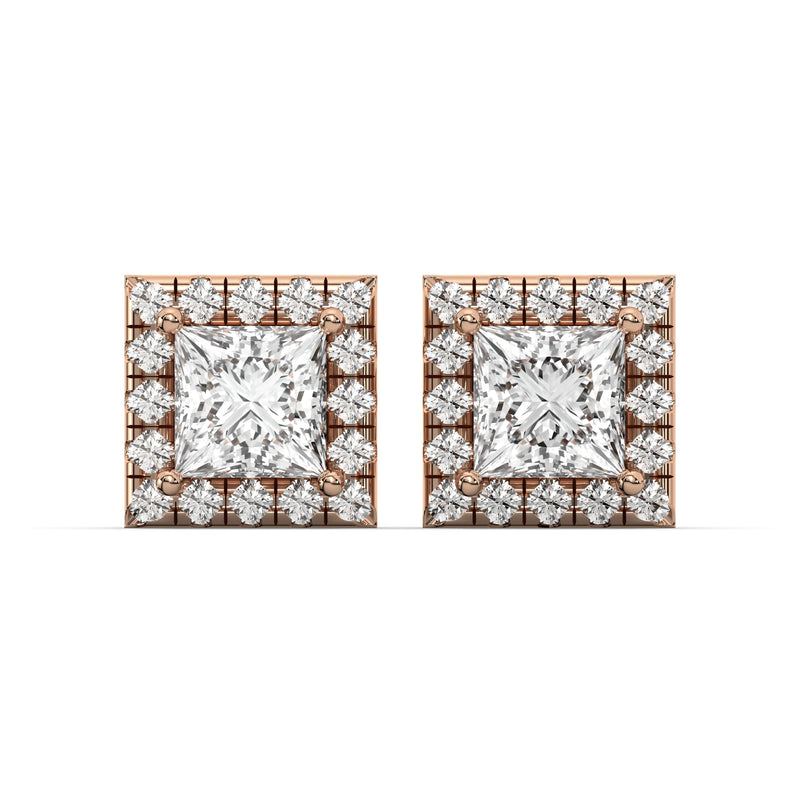 Men's Jewelry - VVS Lab Diamond Halo Princess Stud Earrings For Men | 14K Rose Gold