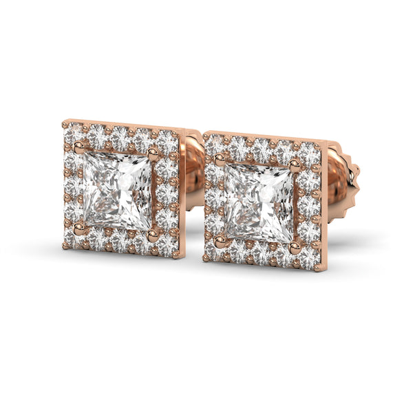 Men's Jewelry - VVS Lab Diamond Halo Princess Stud Earrings For Men | 14K Rose Gold