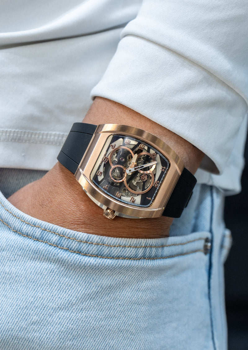 Frost NYC Mens Watch - Automatic Skeleton Rose Sport Watch | FRST-01-RC | Black