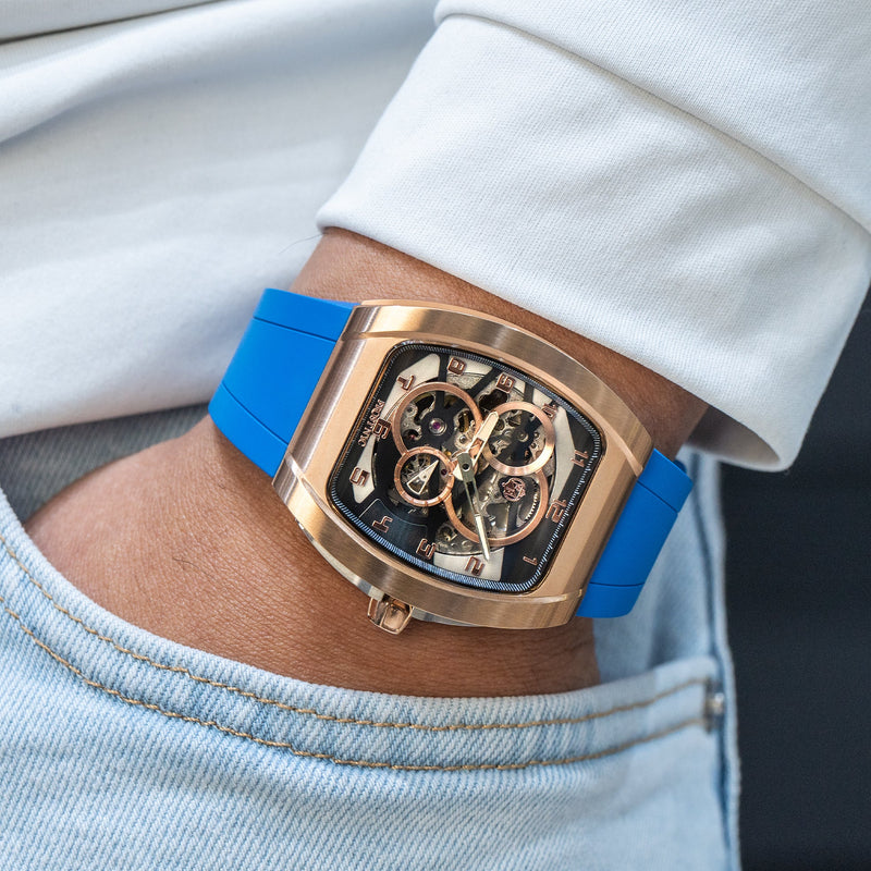 Frost NYC Mens Watch - Automatic Skeleton Rose Sport Watch | FRST-01-RC | Blue