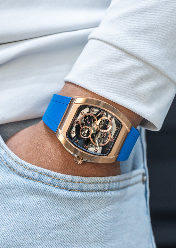 Frost NYC Mens Watch - Automatic Skeleton Rose Sport Watch | FRST-01-RC | Blue