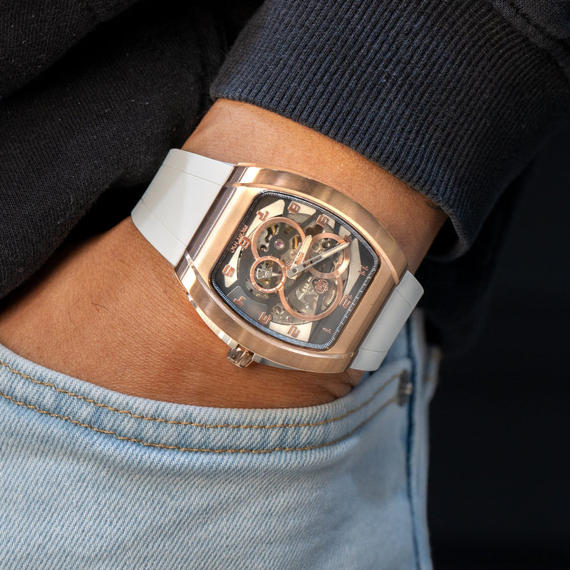 Frost NYC Mens Watch - Automatic Skeleton Rose Sport Watch | FRST-01-RC | White