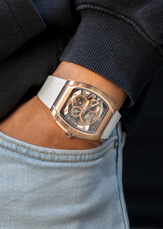 Frost NYC Mens Watch - Automatic Skeleton Rose Sport Watch | FRST-01-RC | White