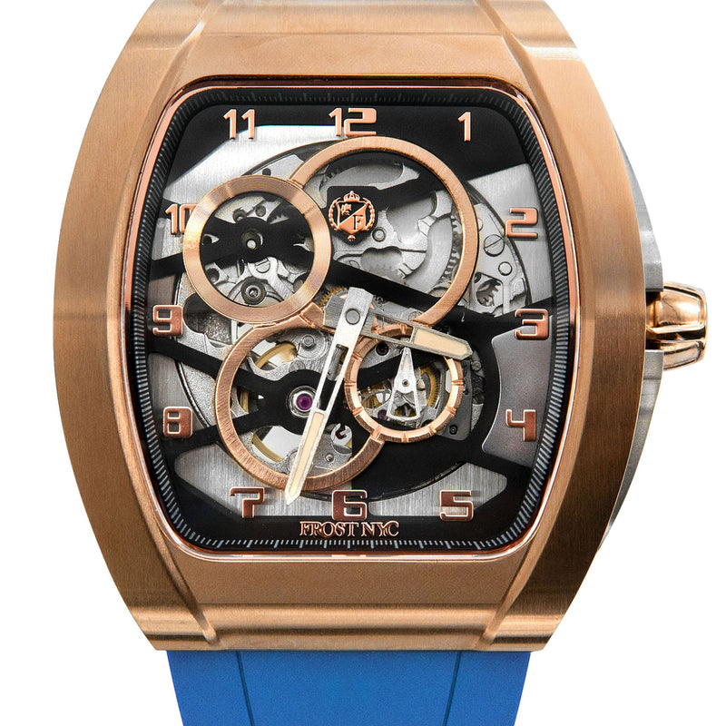 Frost NYC Mens Watch - Automatic Skeleton Rose Sport Watch | FRST-01-RC | Blue