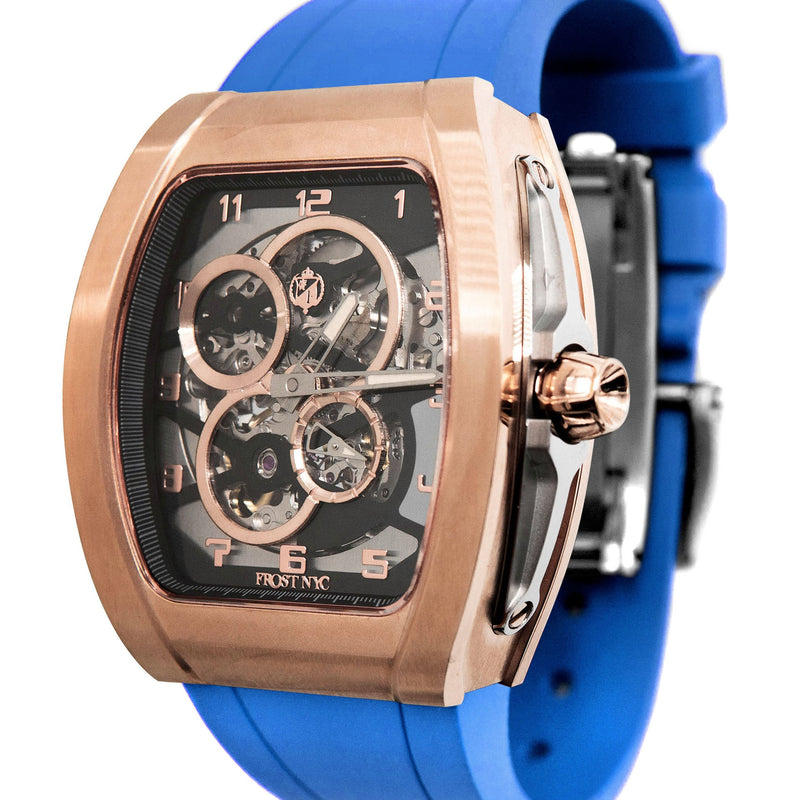Frost NYC Mens Watch - Automatic Skeleton Rose Sport Watch | FRST-01-RC | Blue